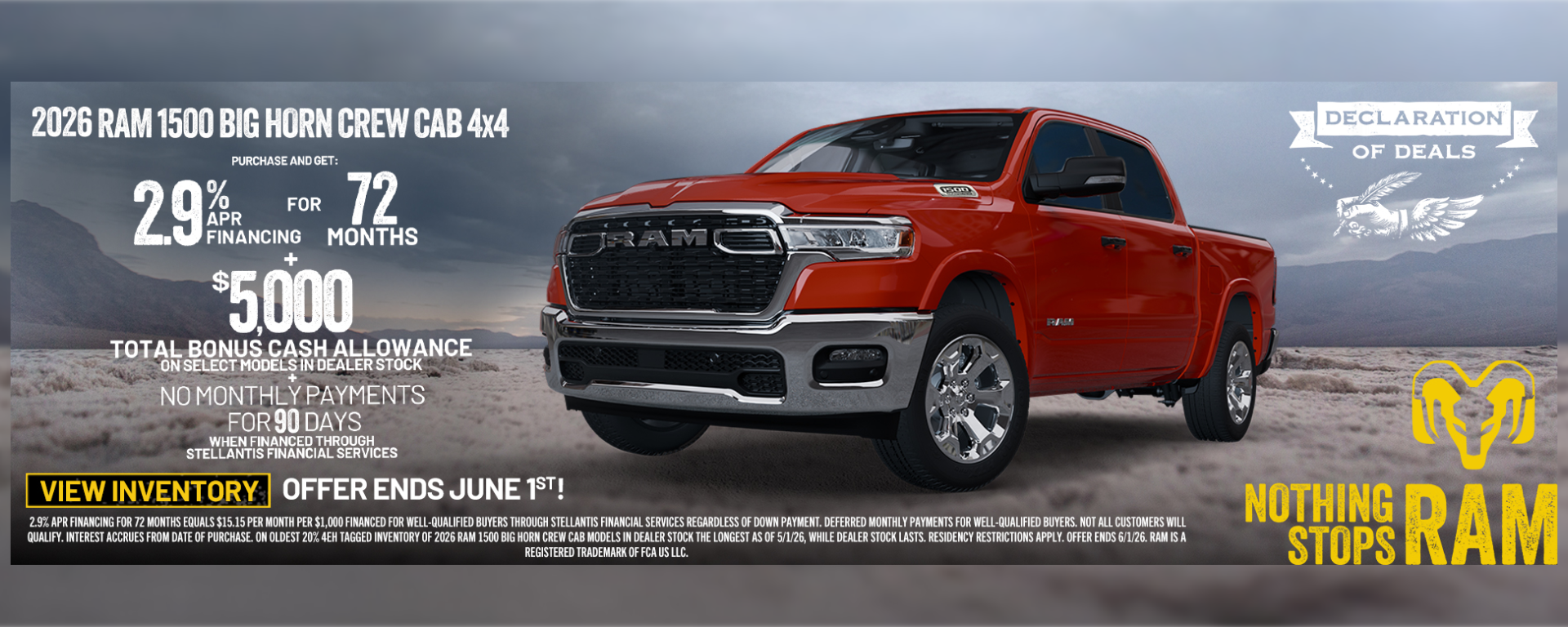 Special offer on    As low as 2.9% Financing on a 2026 Ram 1500 Big Horn